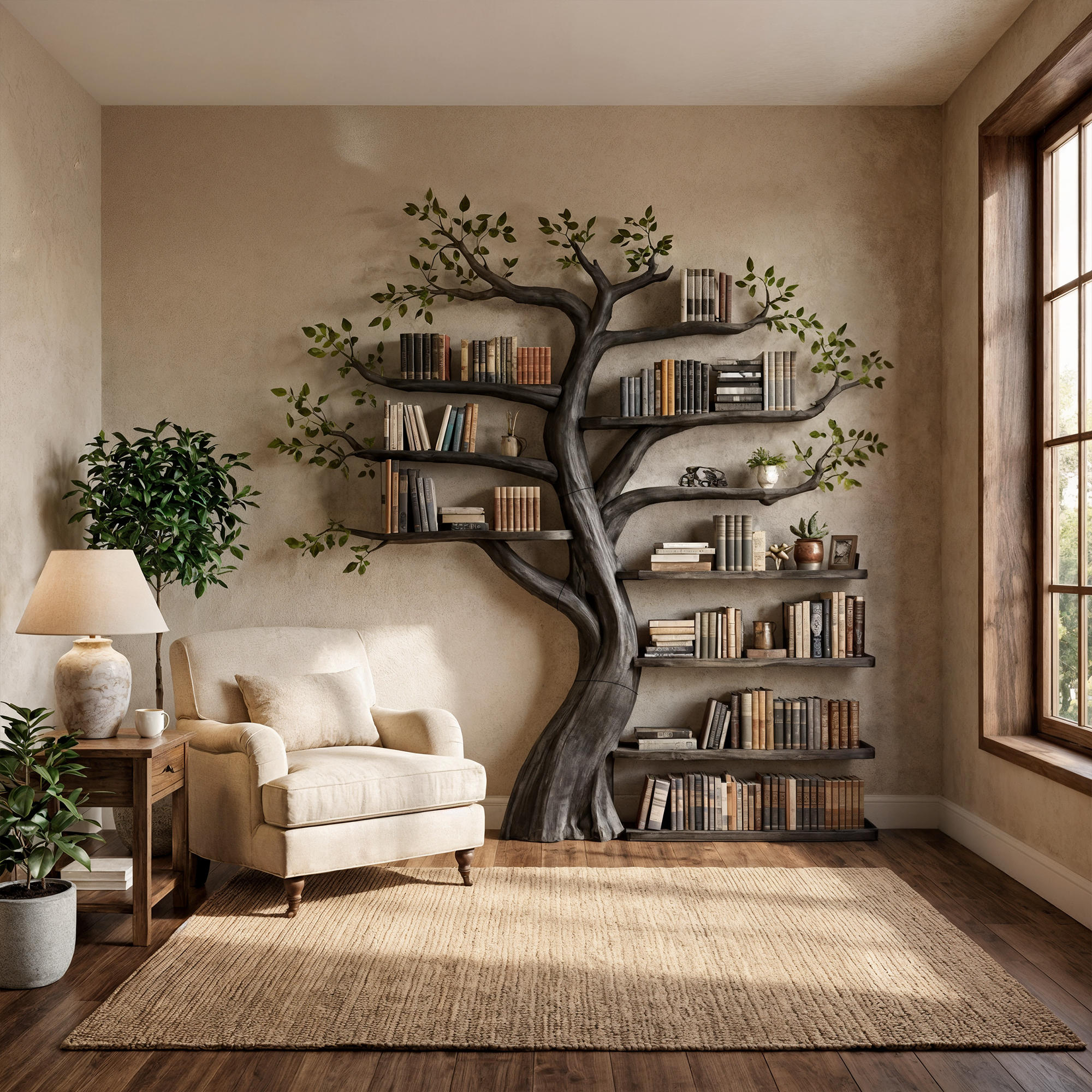 Organic Tree Bookshelf Living Room Interior Sculptural Wall Display