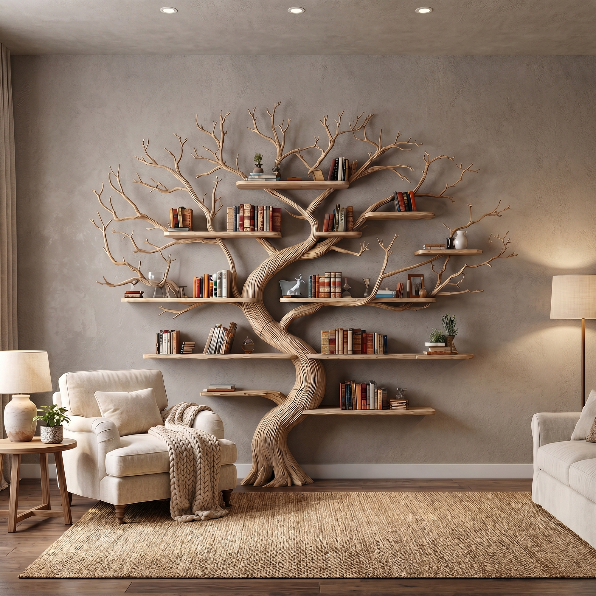 Rustic Tree Wall Bookshelf Bedroom Lounge