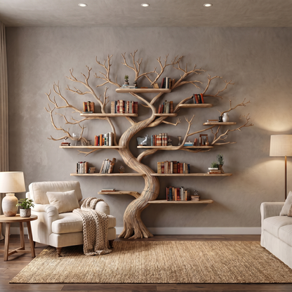 Rustic Tree Wall Bookshelf Bedroom Lounge