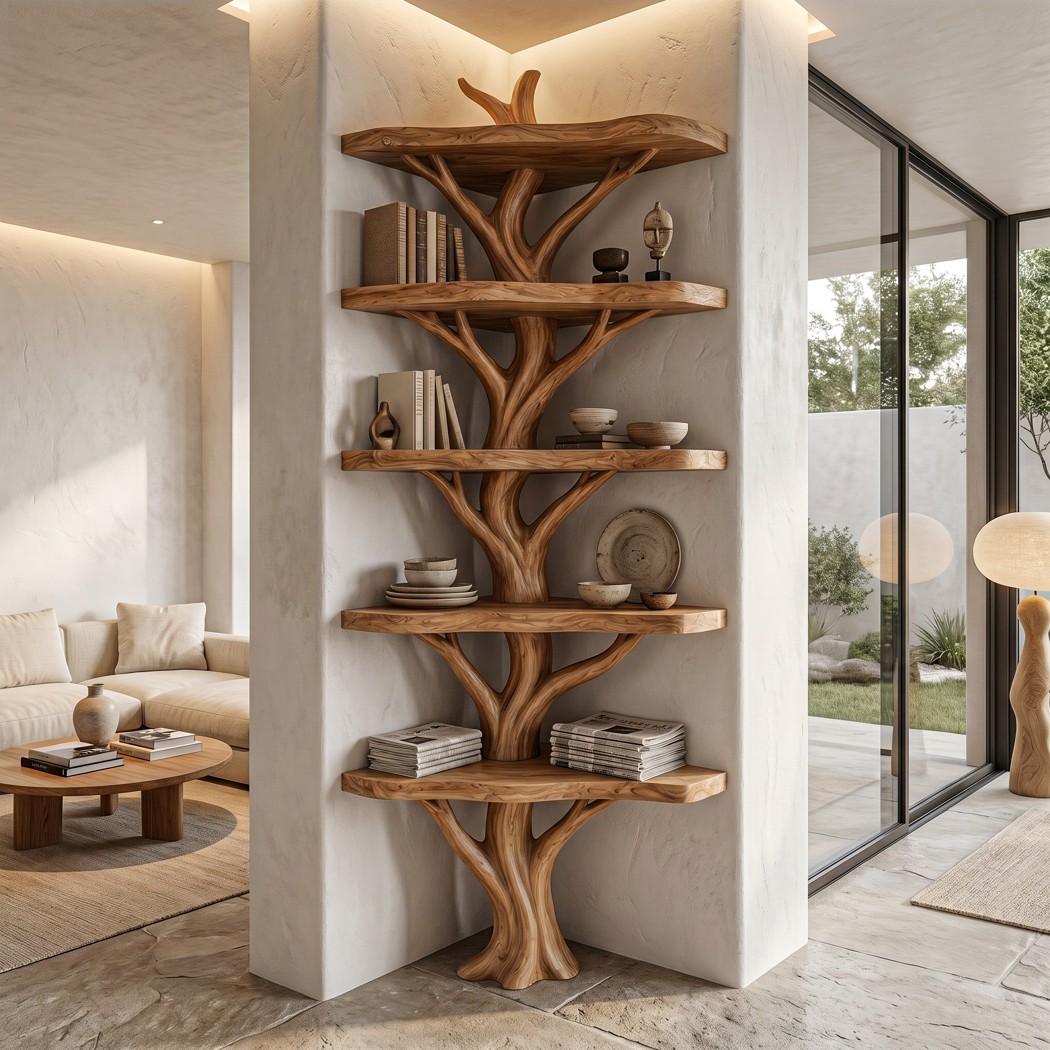 Sculptural Tree Bookshelf With Multi Tier Open Shelving For Reading Corner