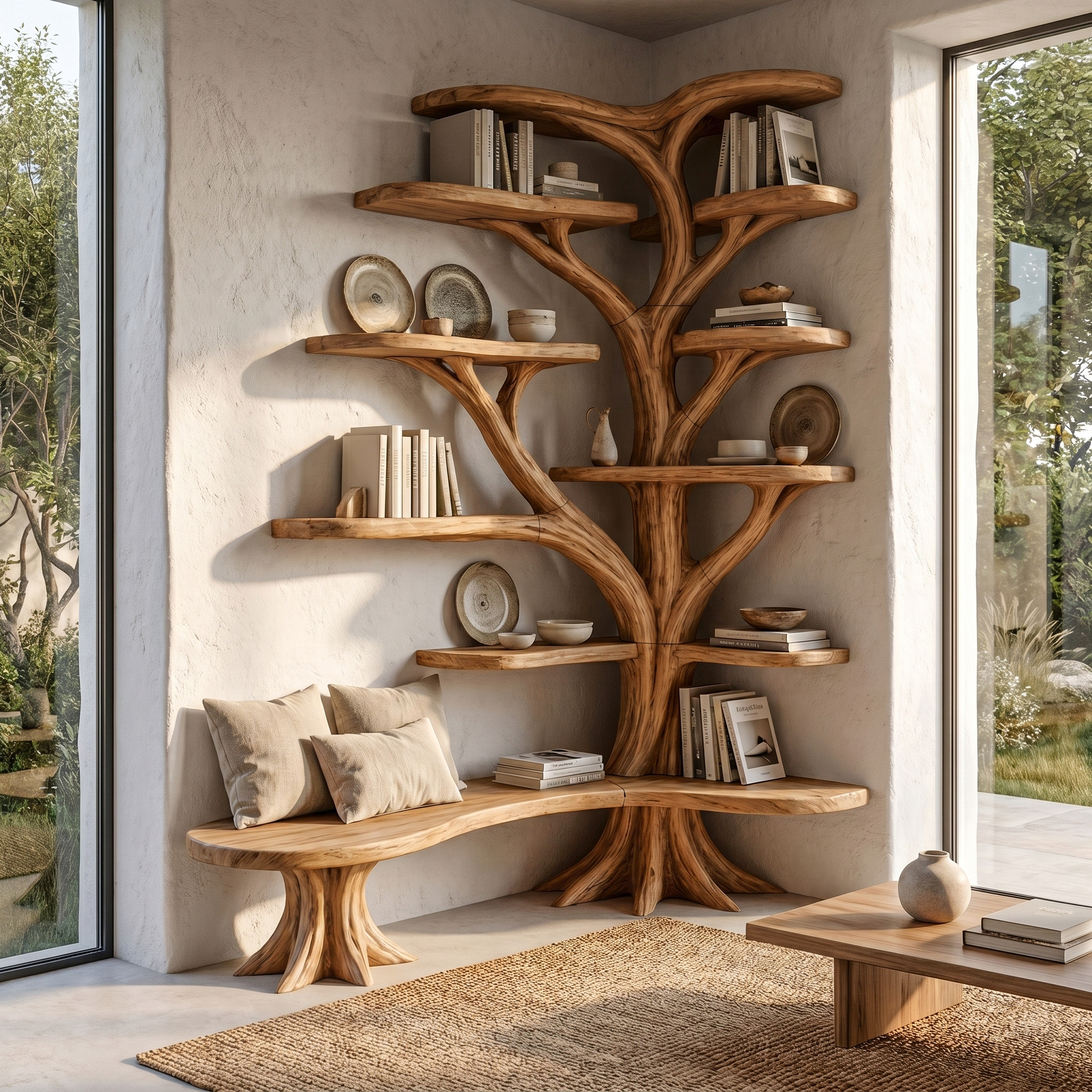 Organic Tree Bookshelf With Sculptural Branch Design And Multi Tier Display Shelves For Living Room.