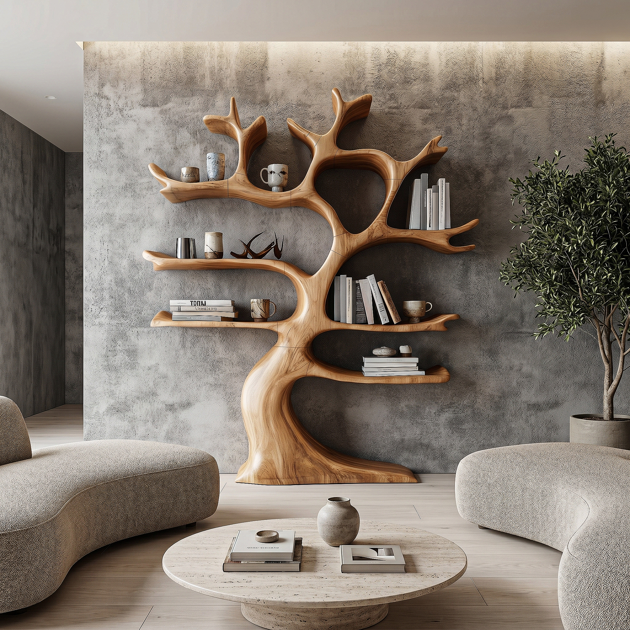 Organic Modern Tree Wall Shelf With Branch Inspired Storage For Living Room