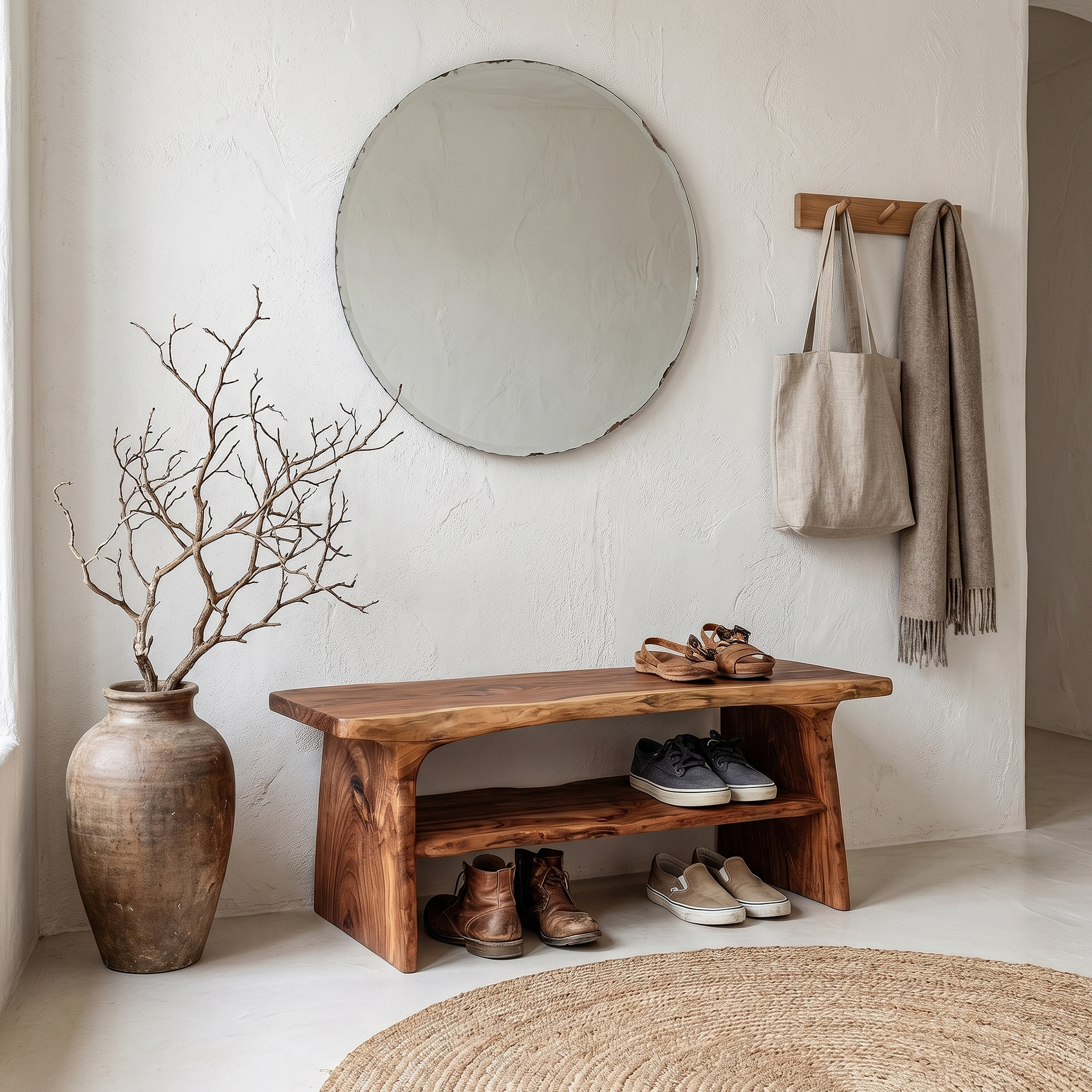 Rustic Shoe Bench With Natural Wood Storage For Entryway