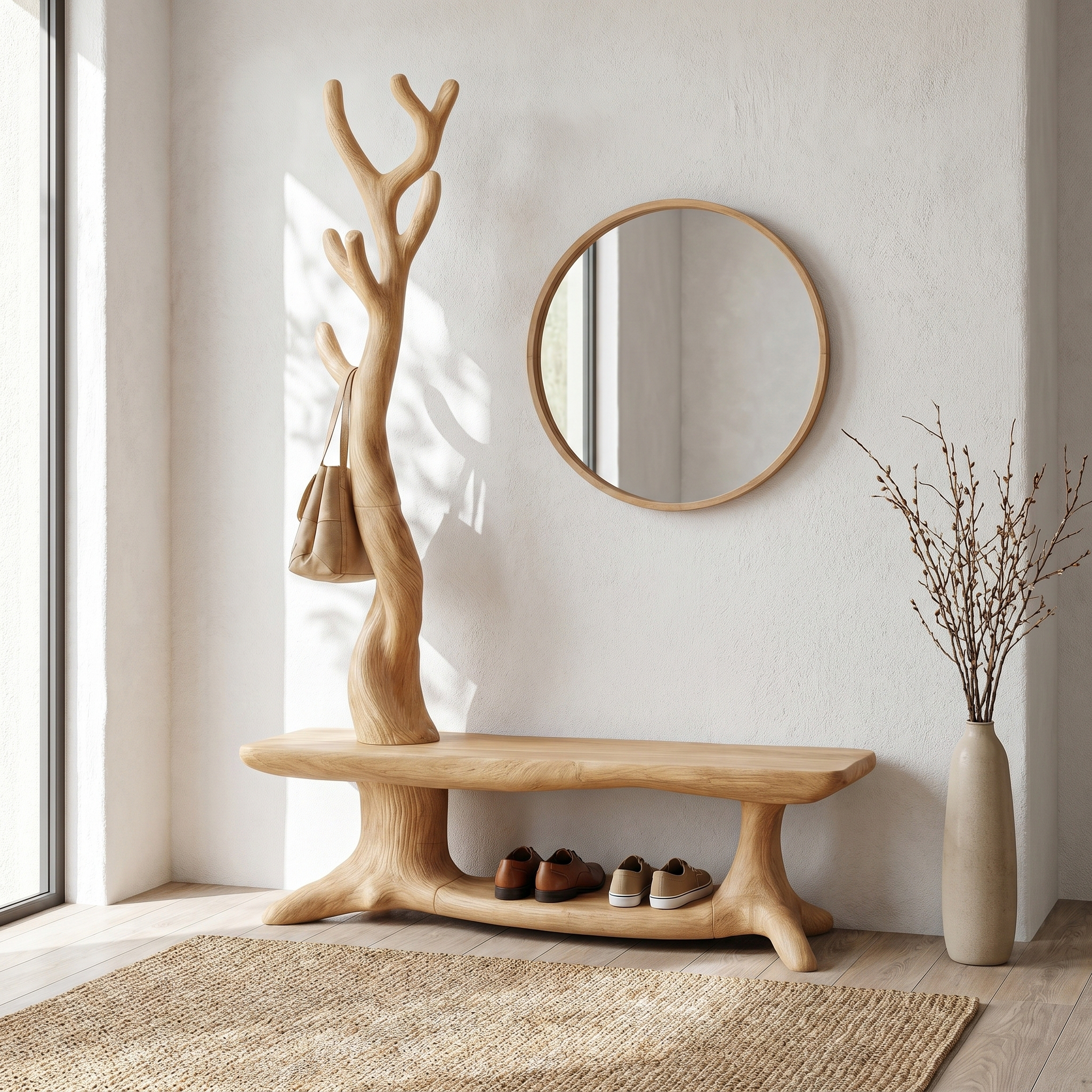 Rustic Shoe Storage Bench With Branch Coat Rack For Entryway