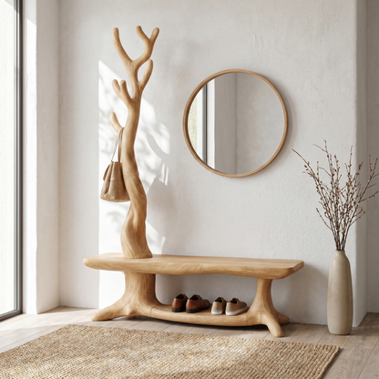 Rustic Shoe Storage Bench With Branch Coat Rack For Entryway
