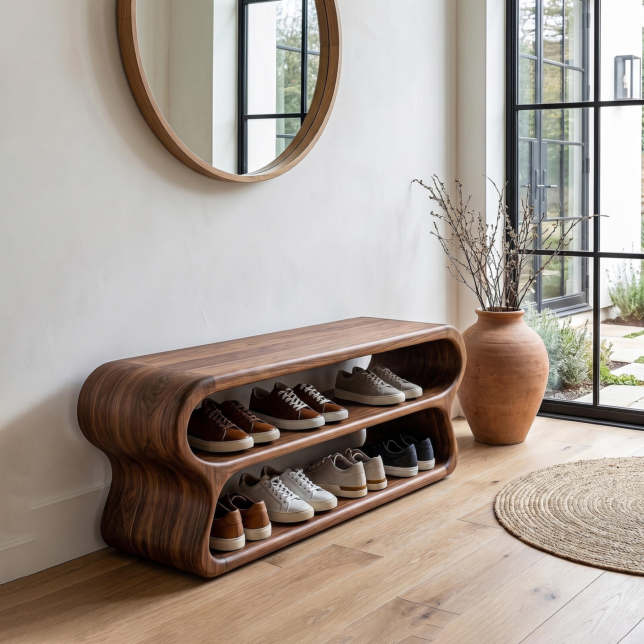 Contemporary Shoe Bench With Open Storage Compartments For Hallway