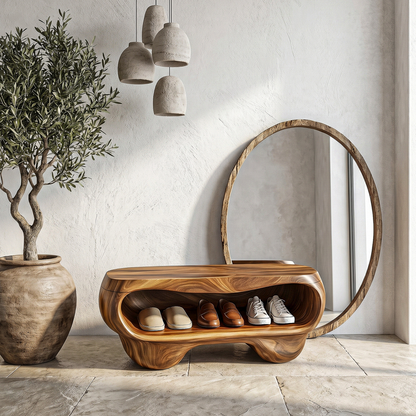 Organic Shoe Bench With Rounded Storage Shelves For Entryway