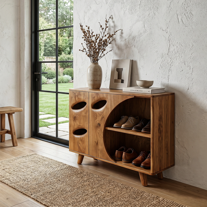 Mid Century Shoe Cabinet Organic Cutout Design For Entryway