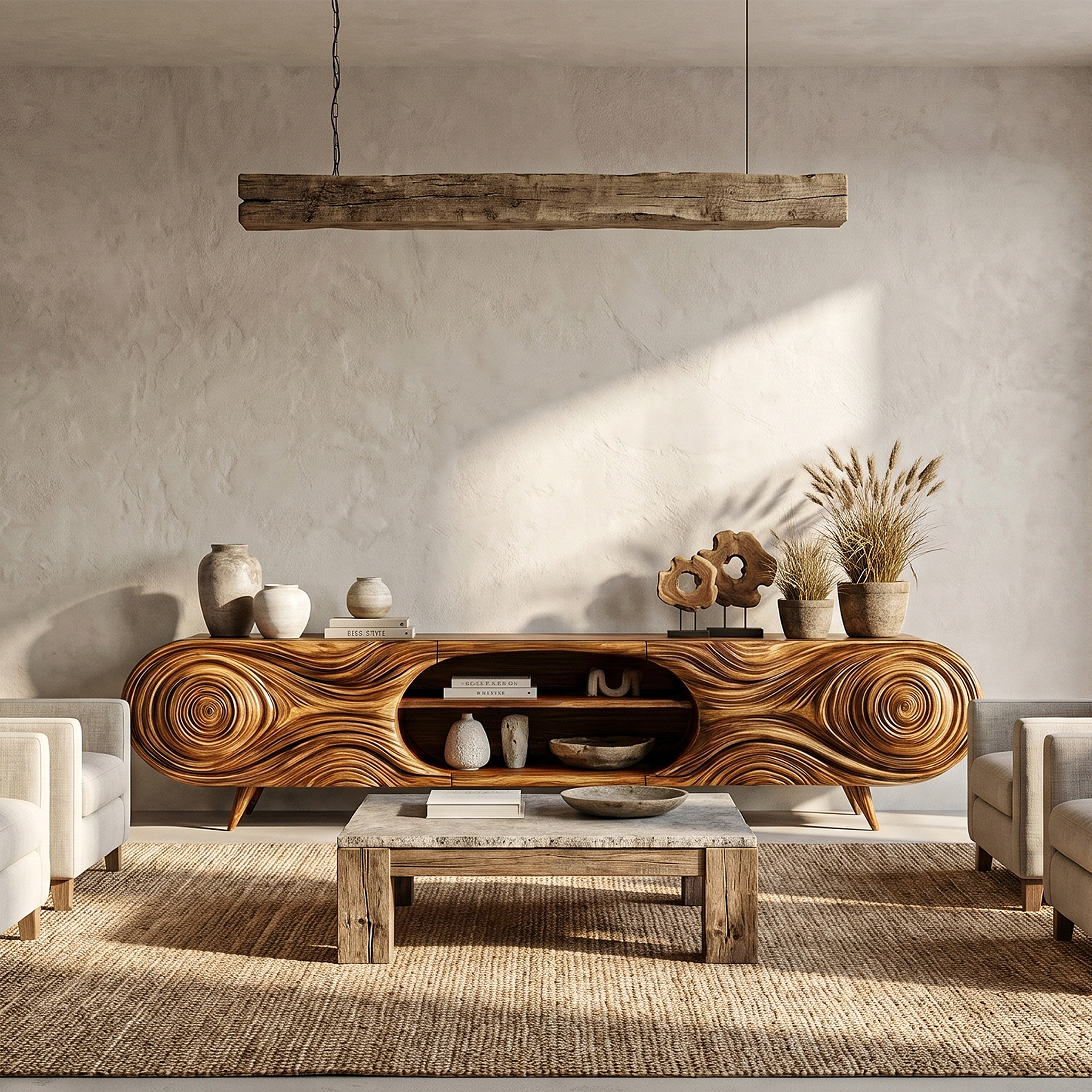 Organic Modern TV Cabinet Sculptural Wood Grain Design For Living Room