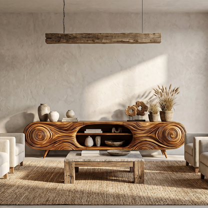 Organic Modern TV Cabinet Sculptural Wood Grain Design For Living Room