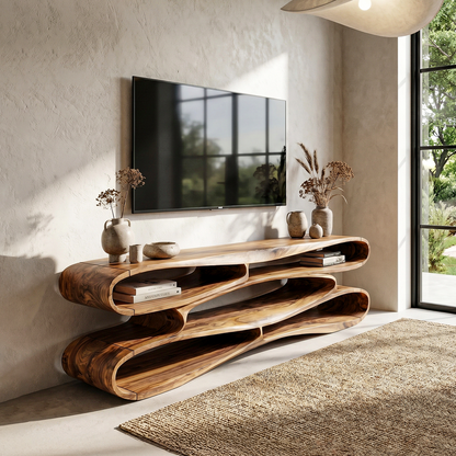 Sculptural Wood TV Cabinet Nature Inspired Entertainment Console For Living Room