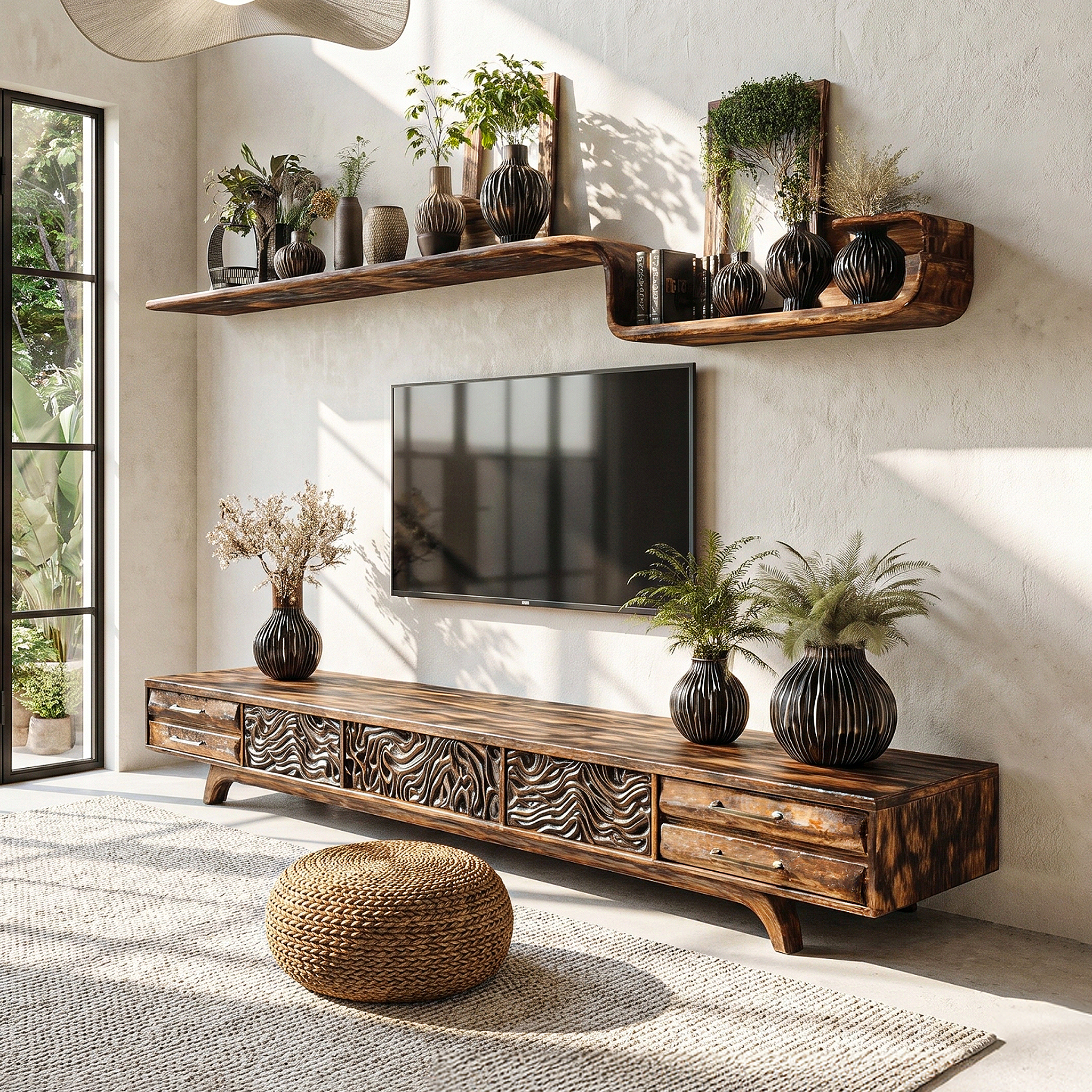 Rustic TV Cabinet Nature Inspired Media Console For Living Room