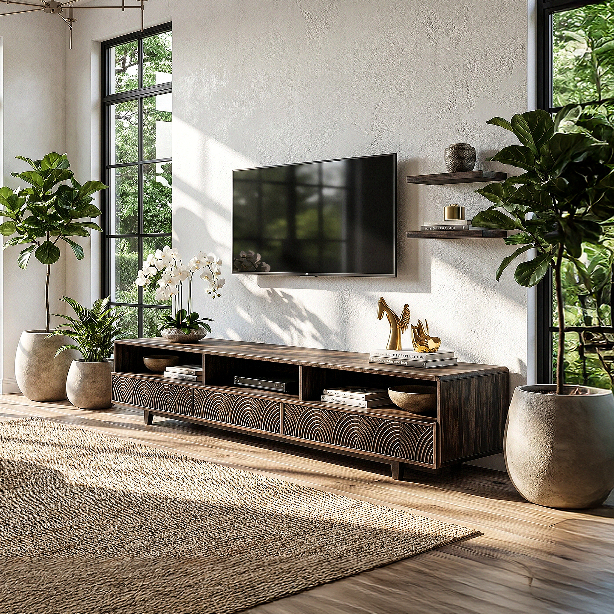 Rustic TV Cabinet Handcrafted Wood Storage Design For Living Room