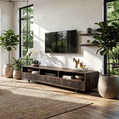 Rustic TV Cabinet Handcrafted Wood Storage Design For Living Room