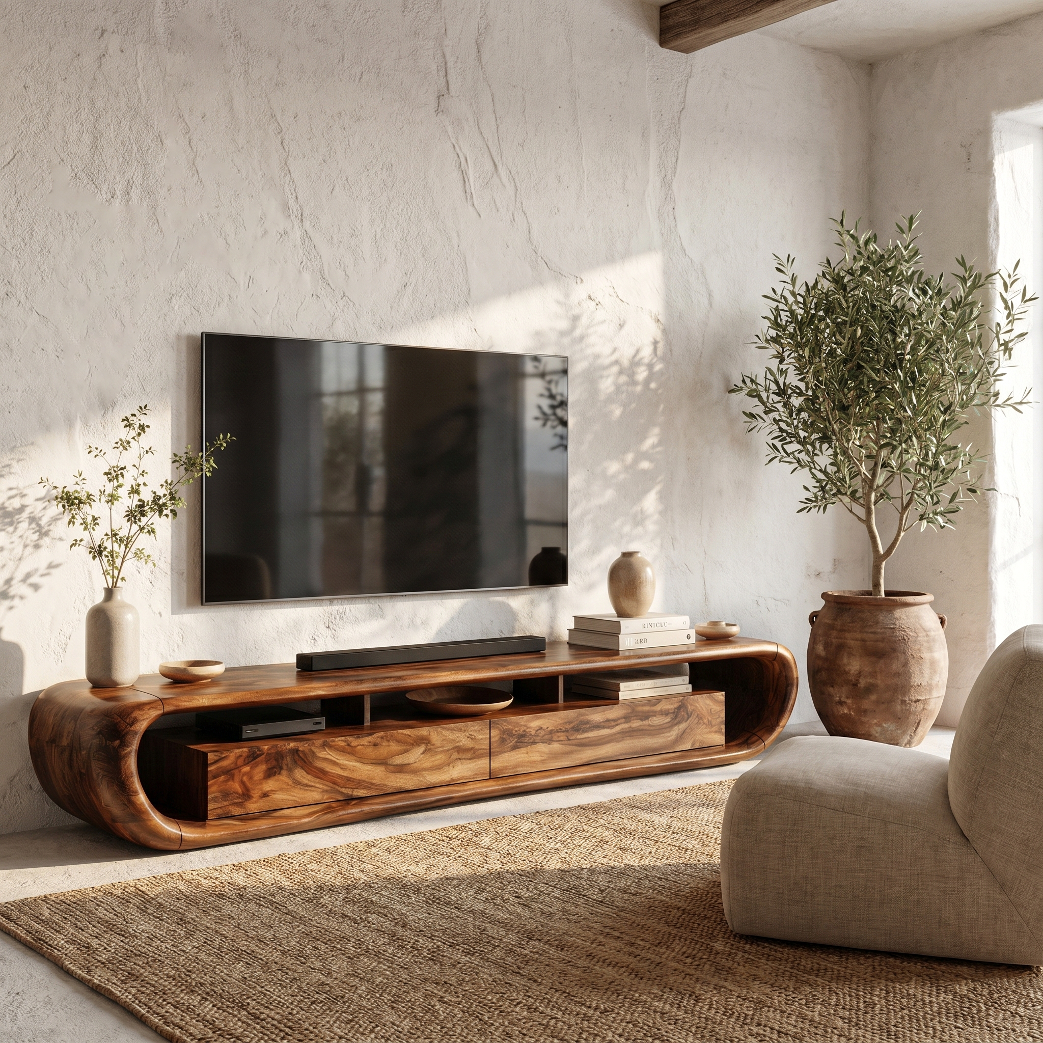 Organic TV Cabinet With Built In Storage And Rounded Curved Edges For Living Room