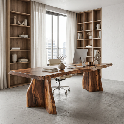 Rustic Live Edge Executive Desk With Sculptural Solid Wood Base For Home Office