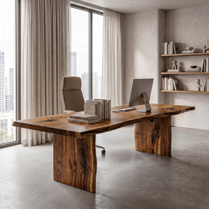 Rustic Live Edge Wooden Desk With Solid Wood Pedestal Base For Home Office