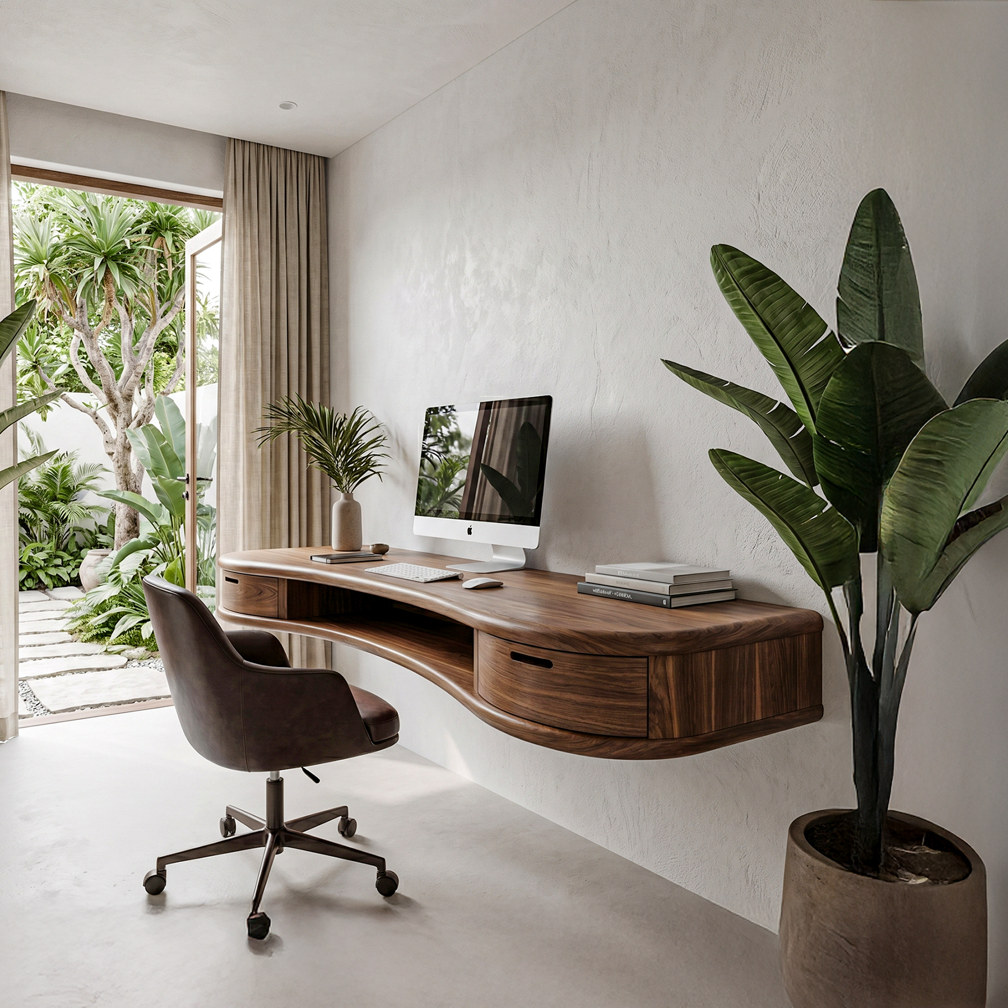Modern Floating Desk With Built In Drawer Storage And Curved Wood Design For Home Office And Workspace