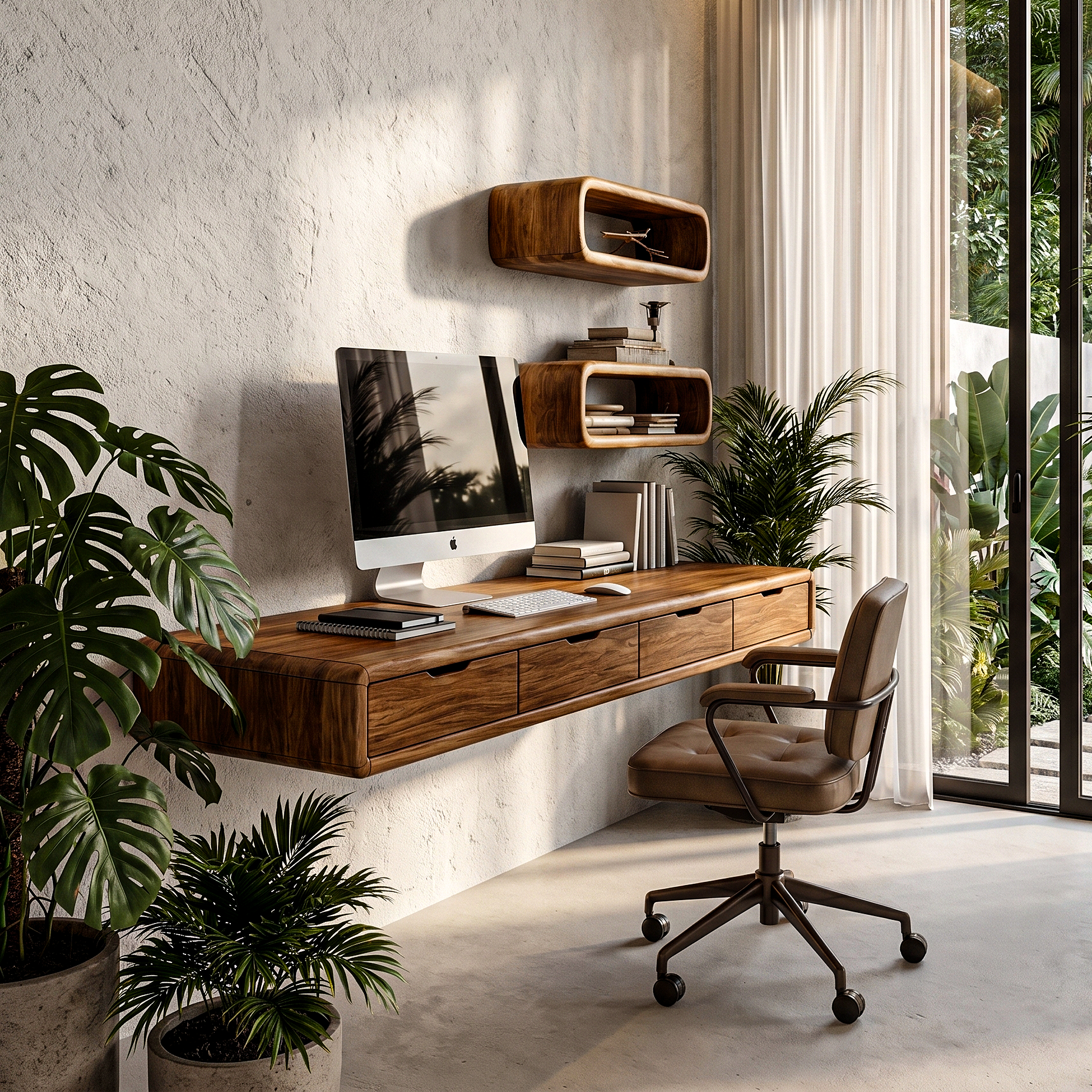 Modern Floating Desk With Built In Drawer Storage And Wall Mounted Shelves For Home Office And Workspace