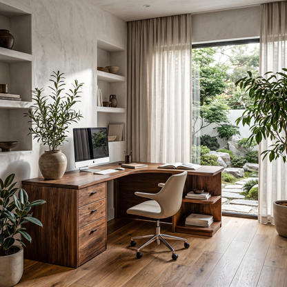 Modern Corner Desk With Built In Drawer Storage And Open Shelves For Home Office And Workspace