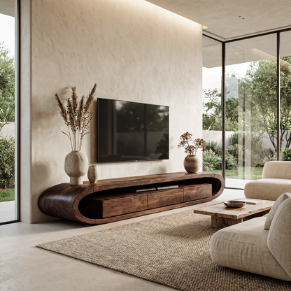 Organic TV Cabinet With Curved Solid Wood Design And Built In Drawer Storage For Living Room