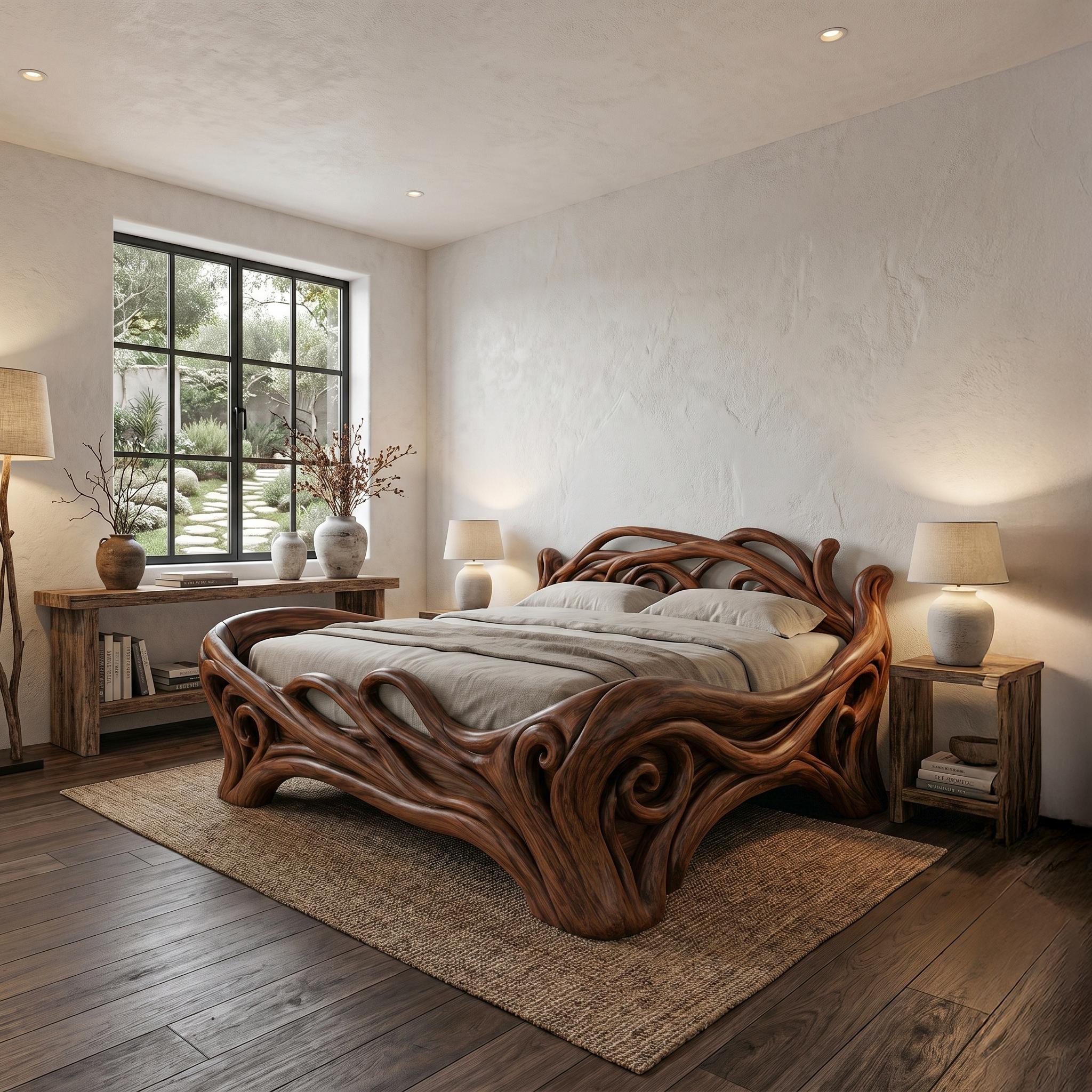 Organic Sculptural Bed Frame With Flowing Root Inspired Wood Design For Bedroom