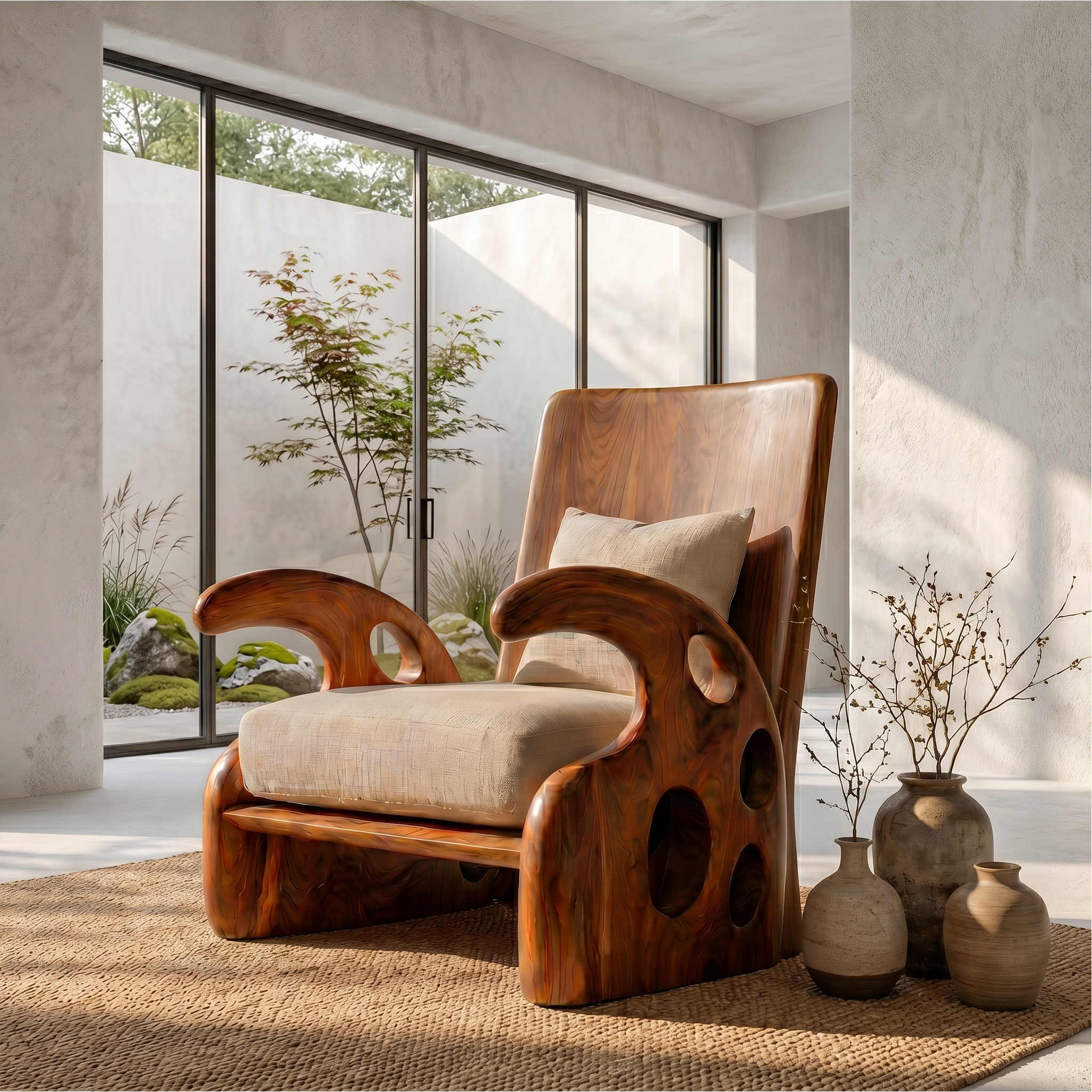 Organic Wooden Armchair For Reading Corner And Living Room