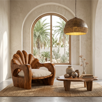 Rustic Armchair With Sculptural Solid Wood Frame For Living Room
