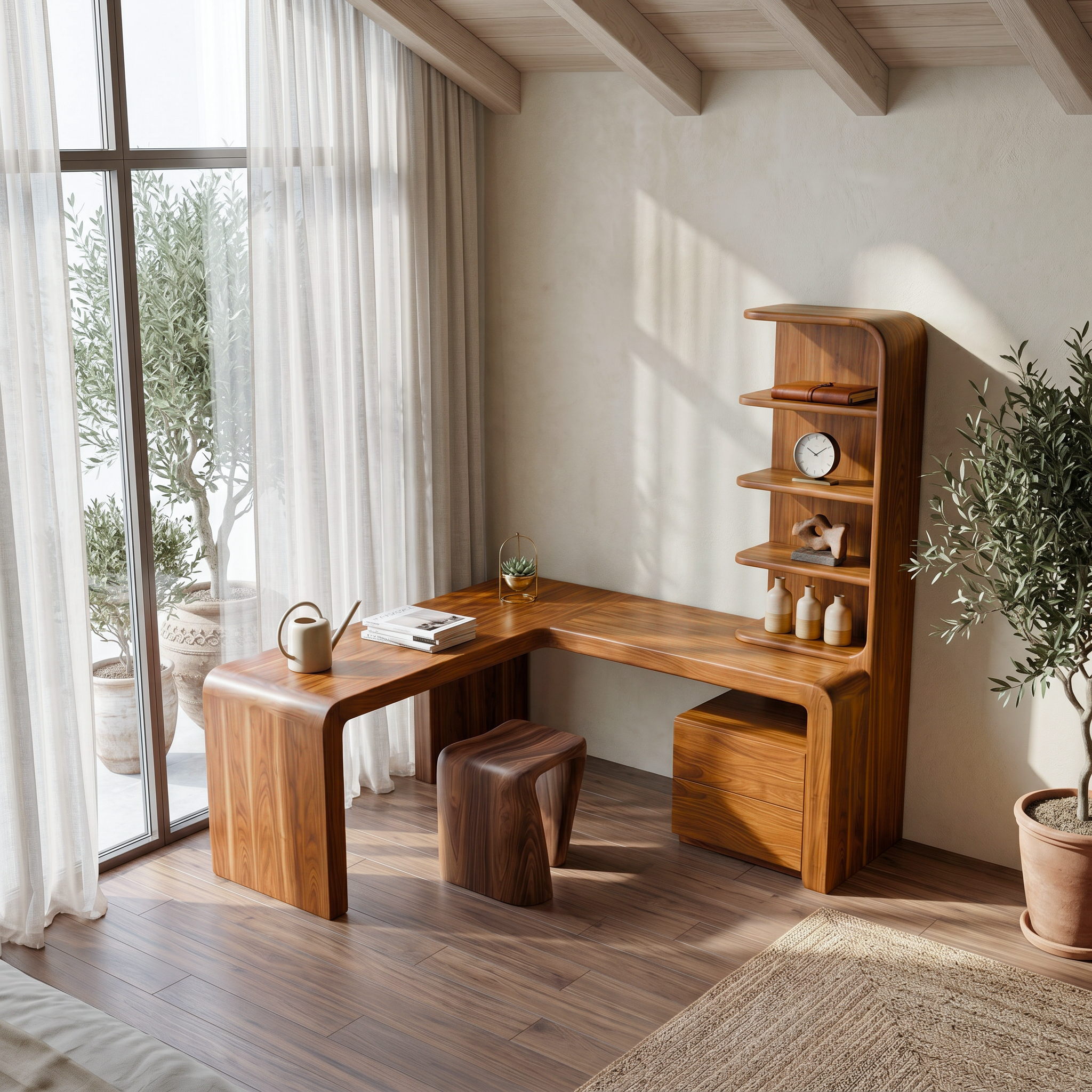 Organic Desk With Storage Shelves And Cabinet For Home Office