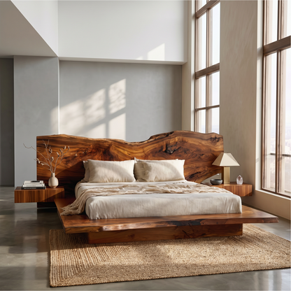 Rustic Live Edge Bed Frame With Sculptural Headboard For Bedroom