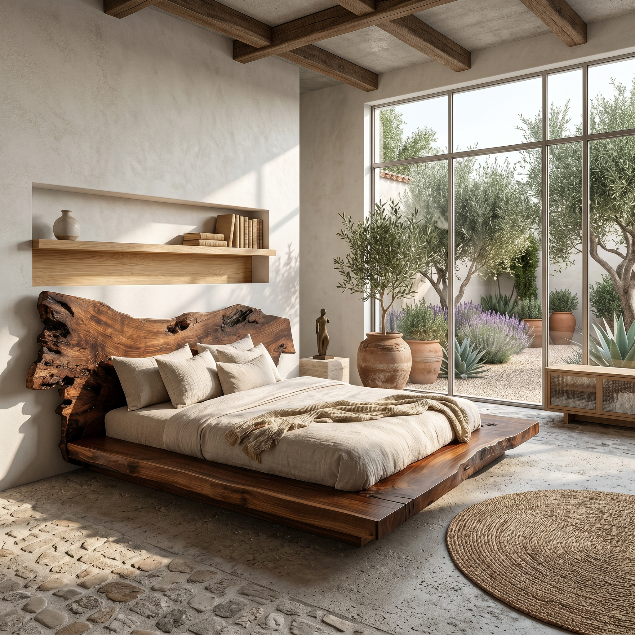 Contemporary Low Profile Bed Frame With Organic Wood Headboard For Bedroom