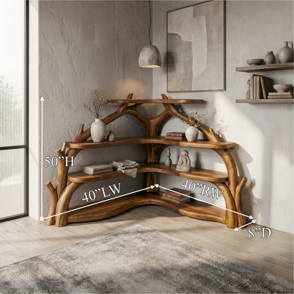 Sculptural Corner Bookcase With Natural Branch Design For Living Room