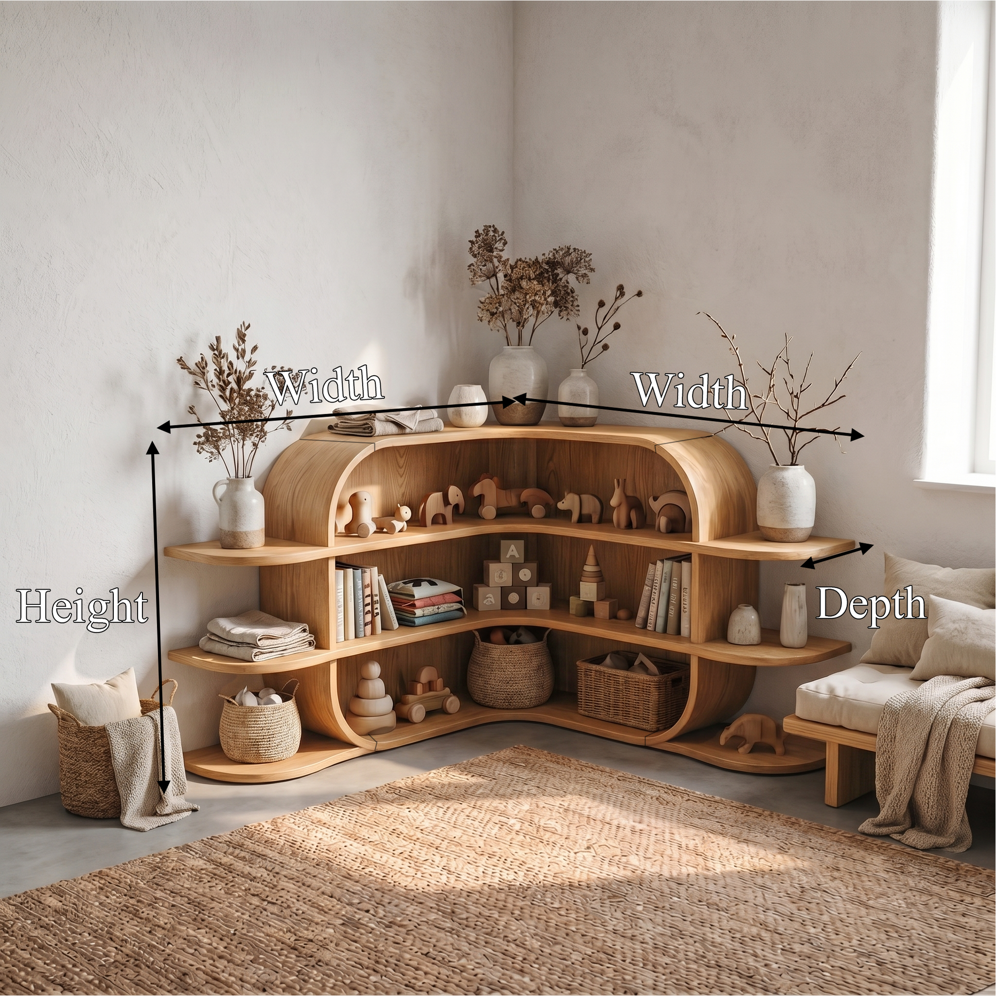 Scandinavian Arched Corner Bookshelf With Multi Tier Open Shelves For Living Room And Bedroom