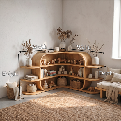 Scandinavian Arched Corner Bookshelf With Multi Tier Open Shelves For Living Room And Bedroom