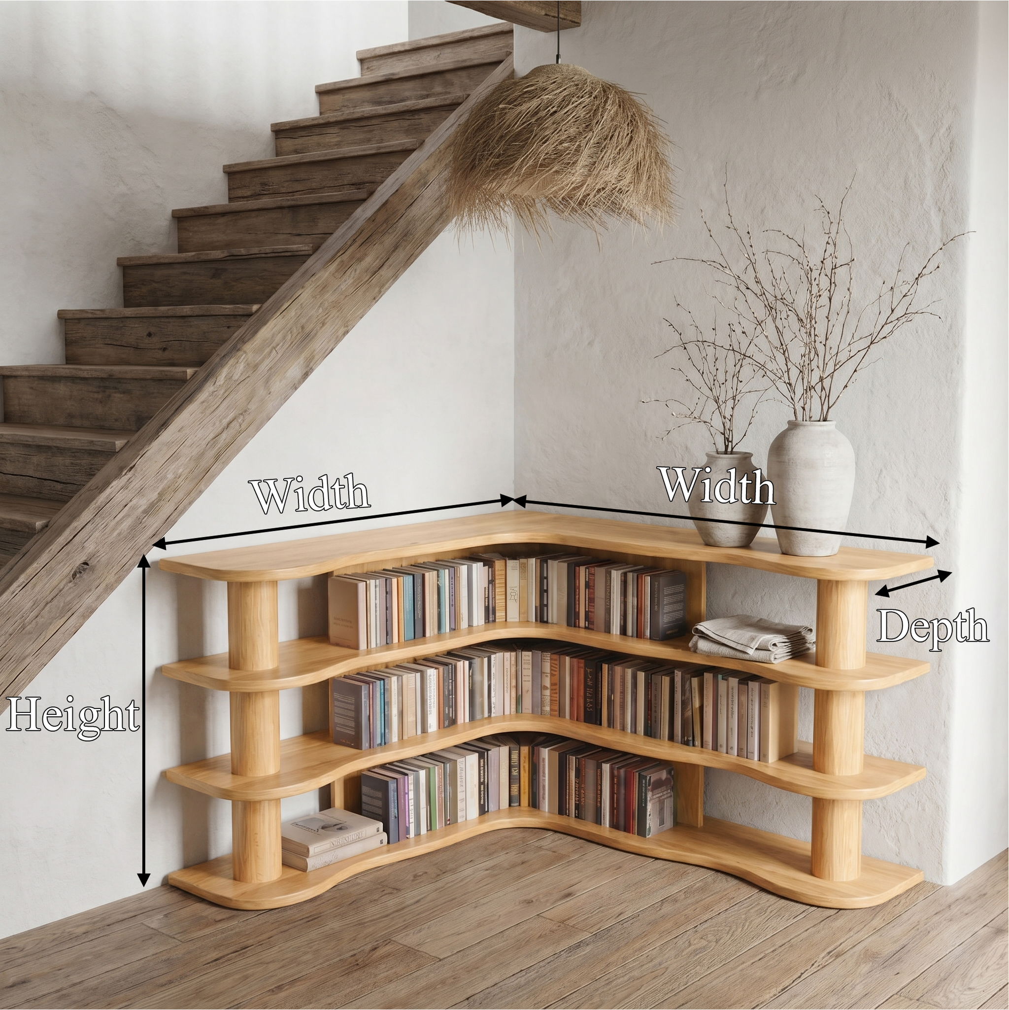 Scandinavian Corner Bookshelf With Rounded Multi Tier Wooden Shelves For Living Room And Bedroom