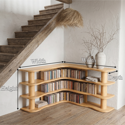 Scandinavian Corner Bookshelf With Rounded Multi Tier Wooden Shelves For Living Room And Bedroom