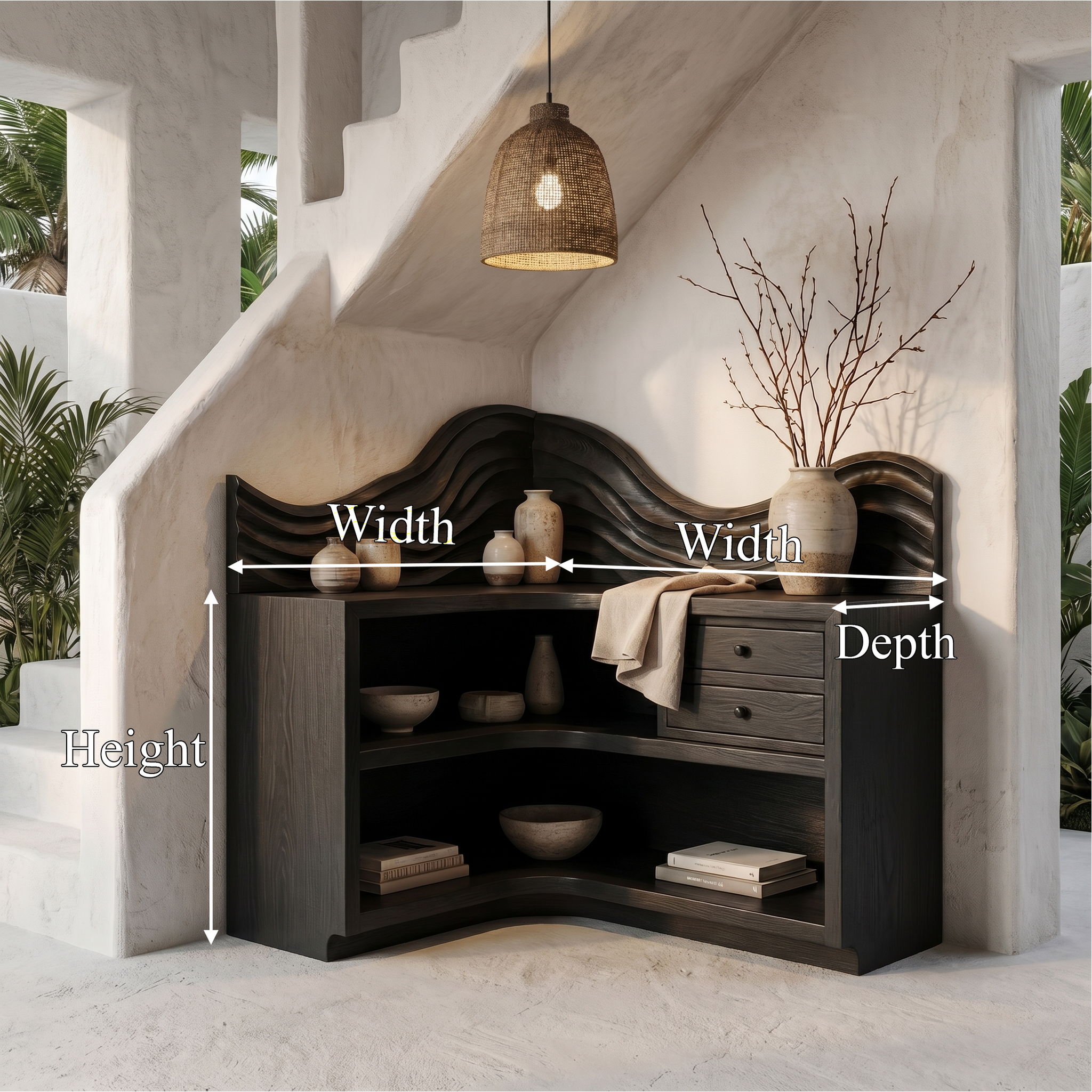 Rustic Corner Bookshelf With Arched Open Shelves And Drawer Storage For Living Room And Bedroom