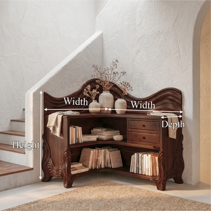 Rustic Wave Top Corner Bookshelf With Sculptural Wooden Shelves And Open Storage For Living Room And Bedroom