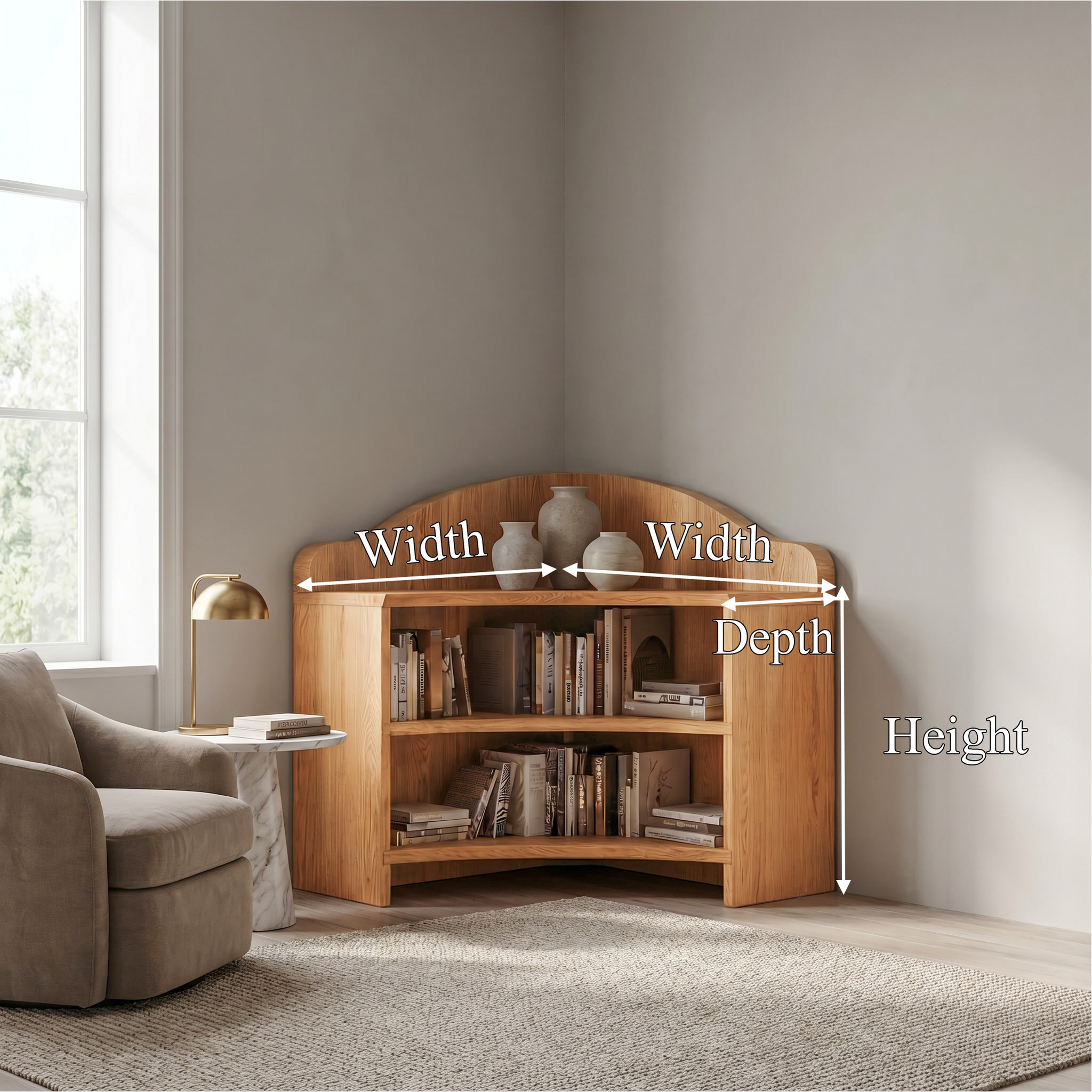 Minimal Corner Bookshelf With Clean Wooden Structure For Living Room