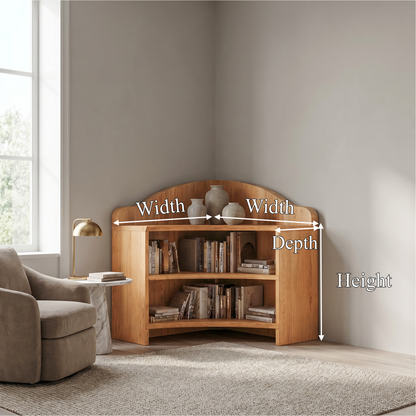 Minimal Corner Bookshelf With Clean Wooden Structure For Living Room