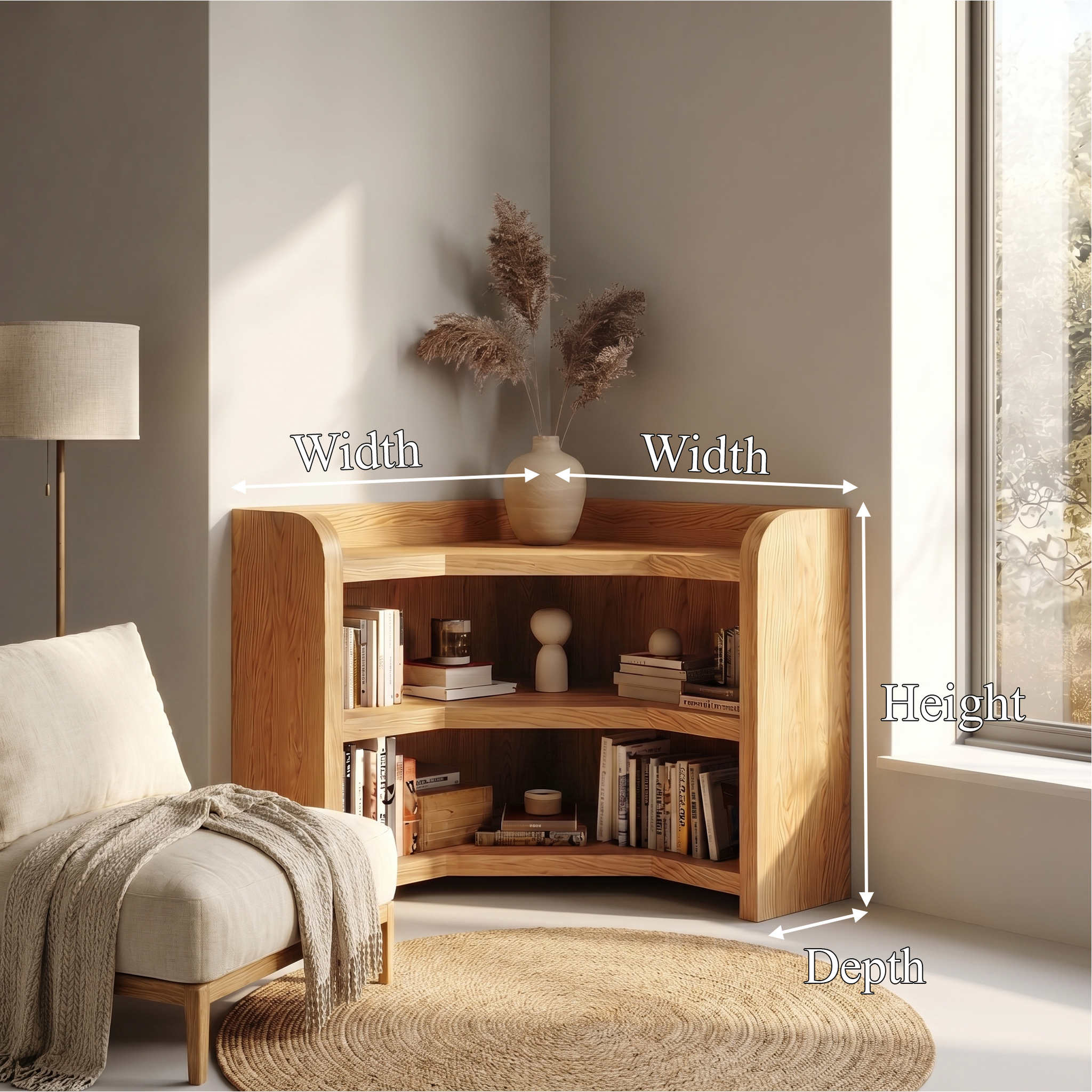 Natural Wooden Bookshelf With Rounded Edges And Open Shelves For Living Room And Bedroom