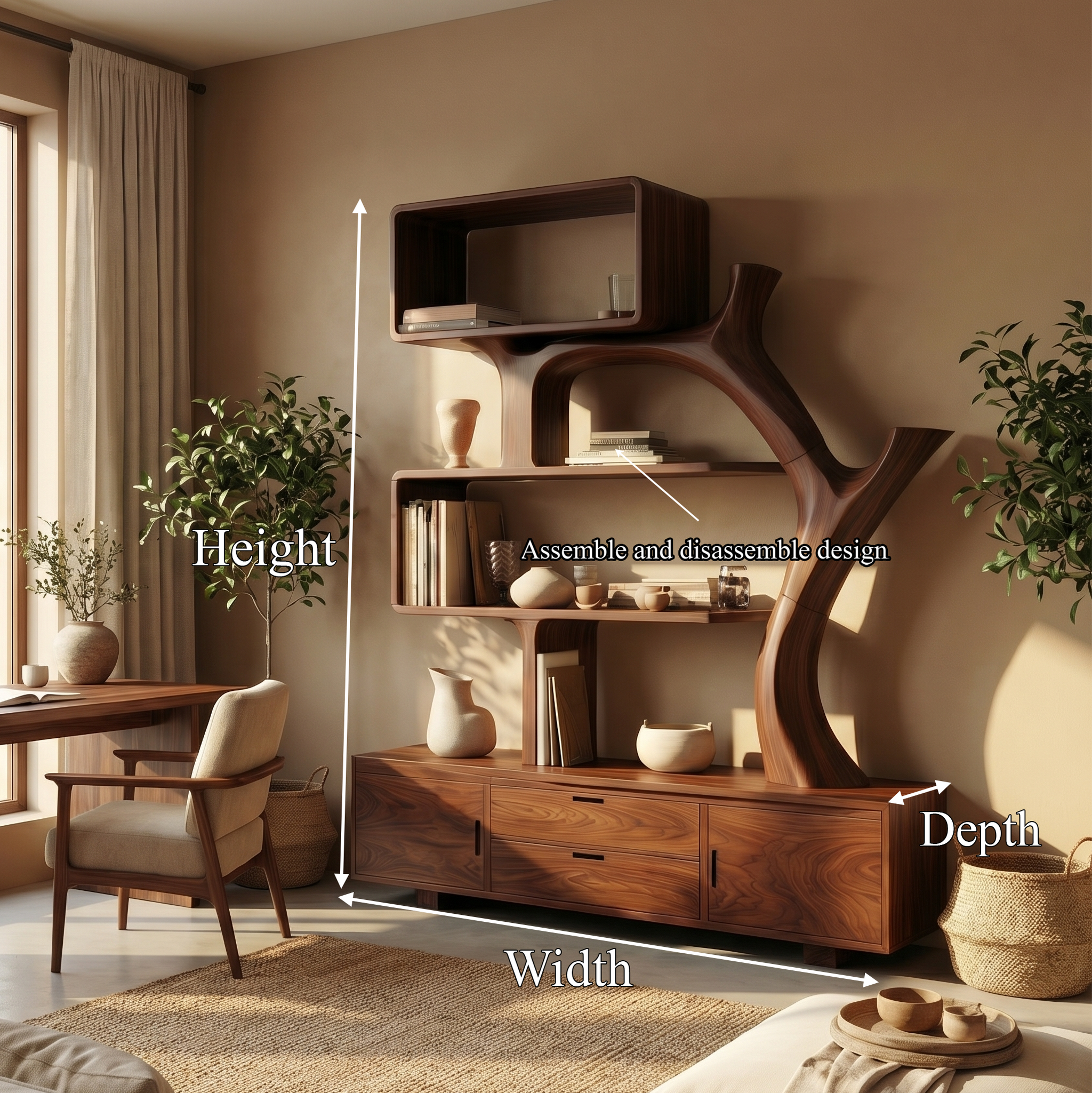 Sculptural Wood Display Shelf With Storage For Living Room