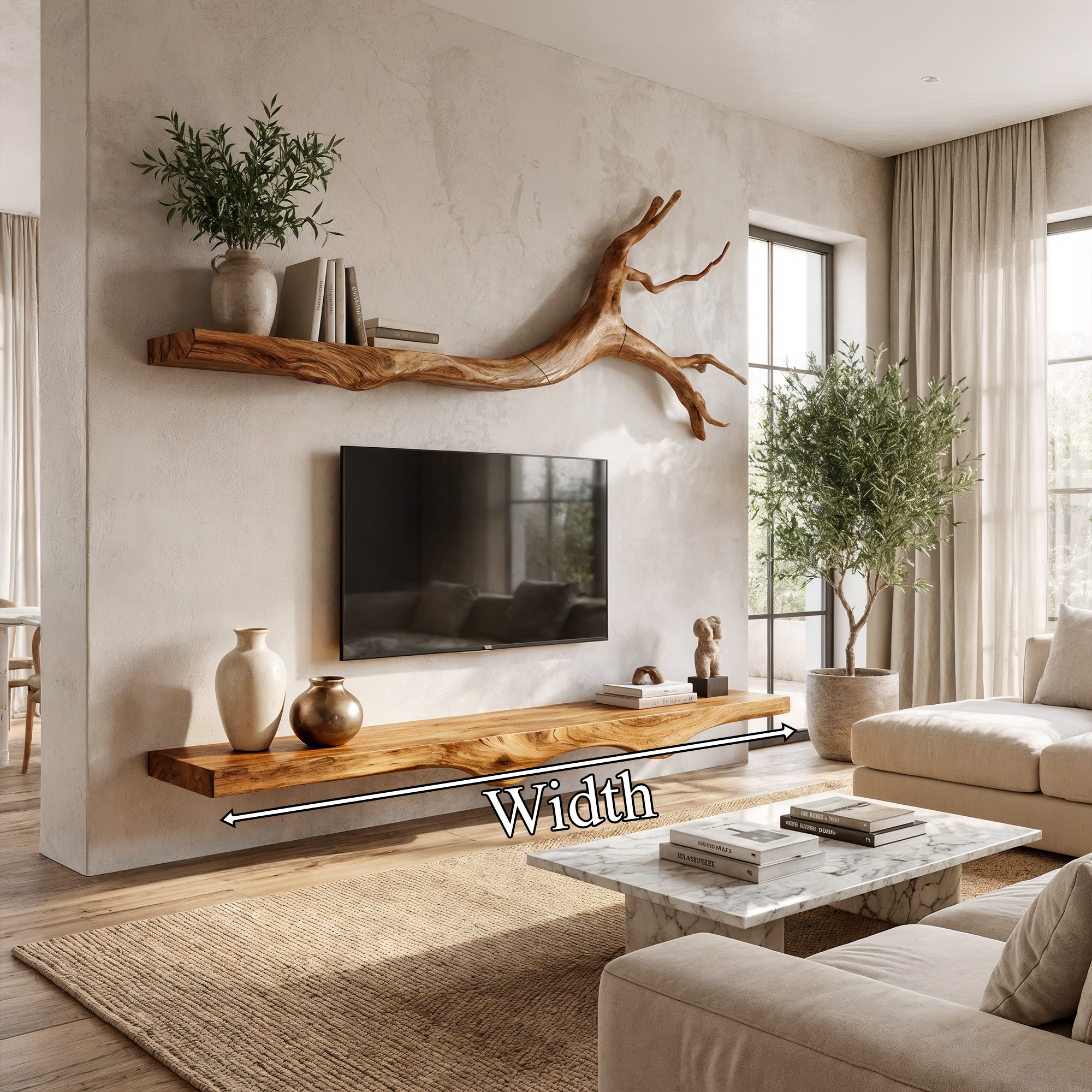 Set 2 Pieces Rustic Floating Wall TV Console Solid Wood Bedroom Living