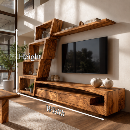 Organic TV Cabinet With Artistic Open Shelving System For Living Room
