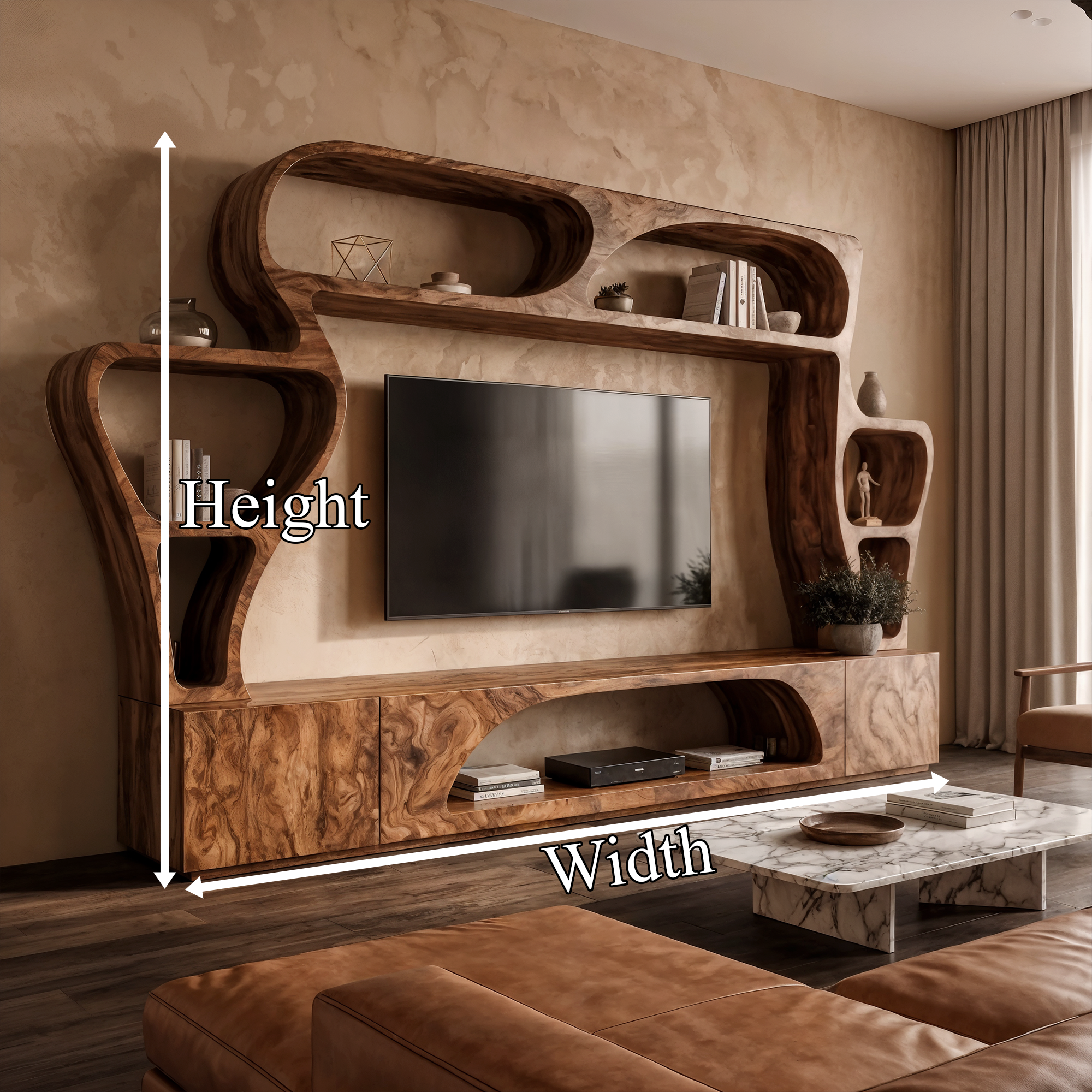 Statement TV Console With Sculptural Wall Storage System For Living Room