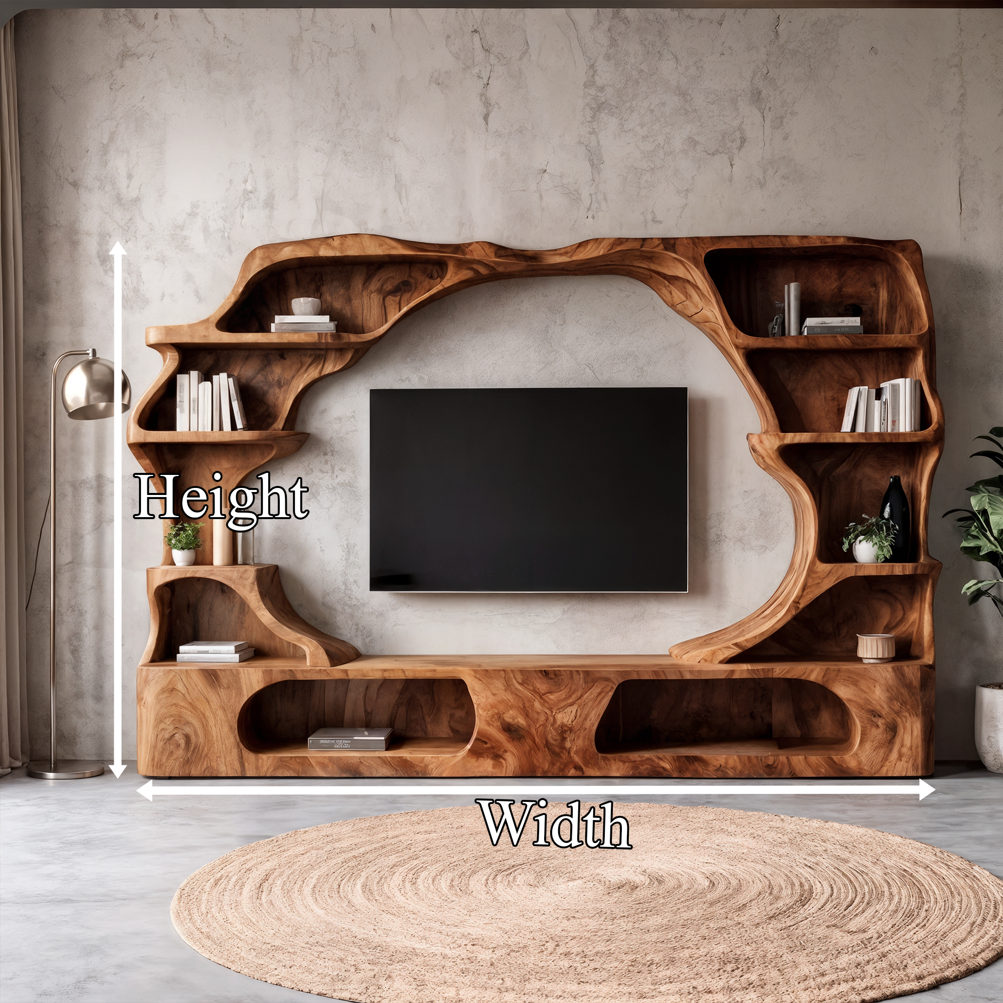 Nature Inspired Entertainment Center With Organic Display Shelves For Living Room