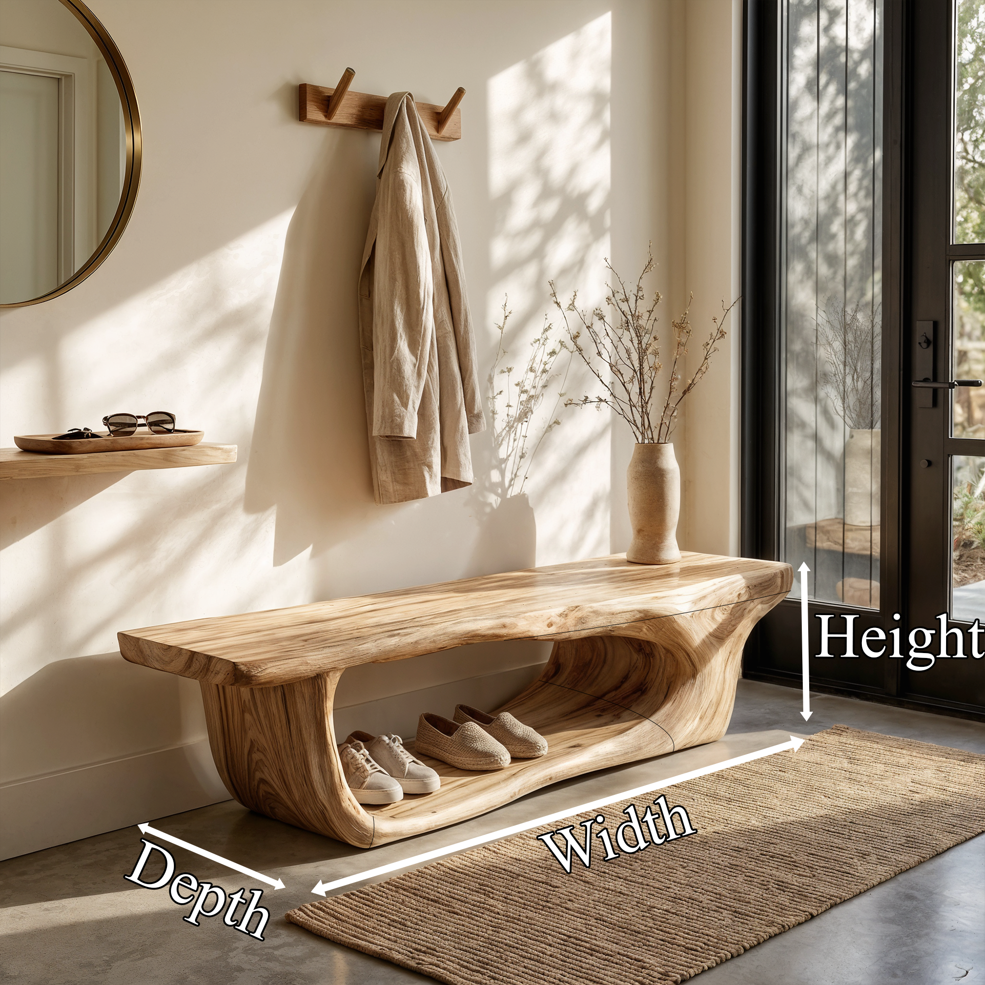 Organic Shoe Bench With Open Shoe Storage For Entryway