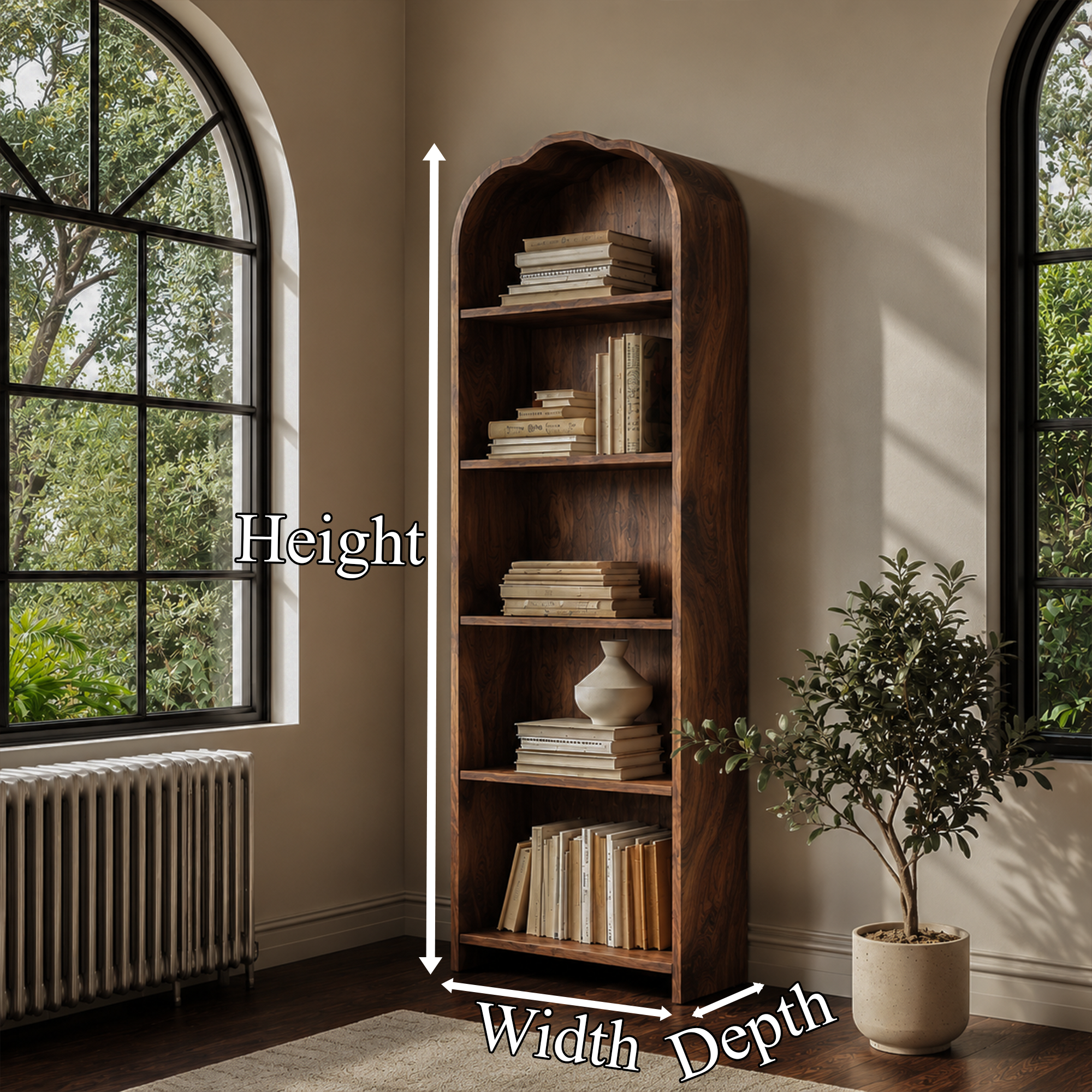 Rustic Arched Bookshelf With Solid Wood Frame And Open Display Shelves For Living Room