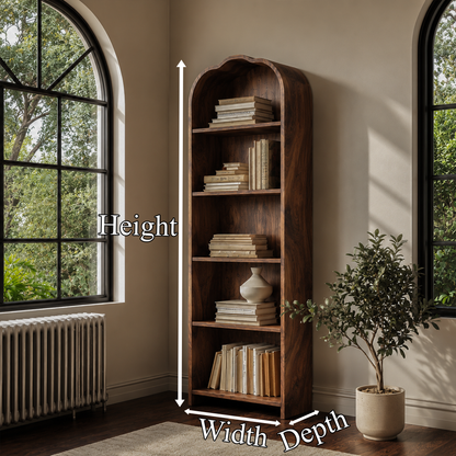 Rustic Arched Bookshelf With Solid Wood Frame And Open Display Shelves For Living Room