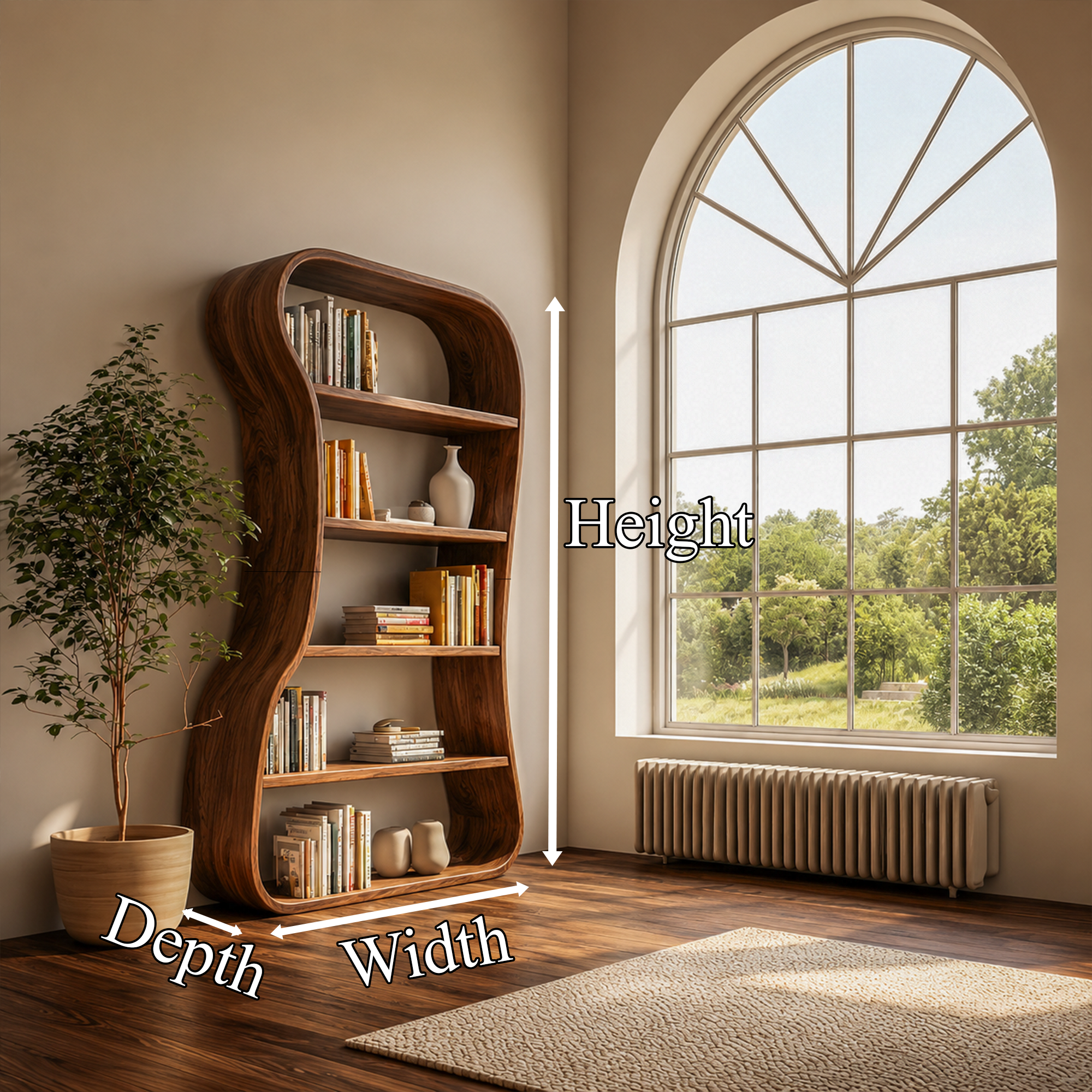 Organic Bookshelf With Sculptural Curved Solid Wood Shelves For Living Room
